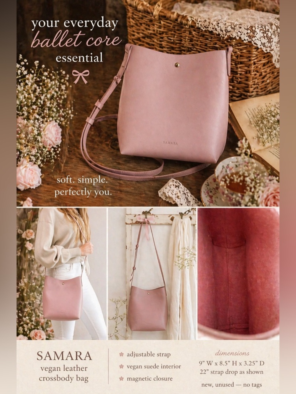 Anthropologie Samara Blush Pink Peony Vegan Crossbody Bag Purse